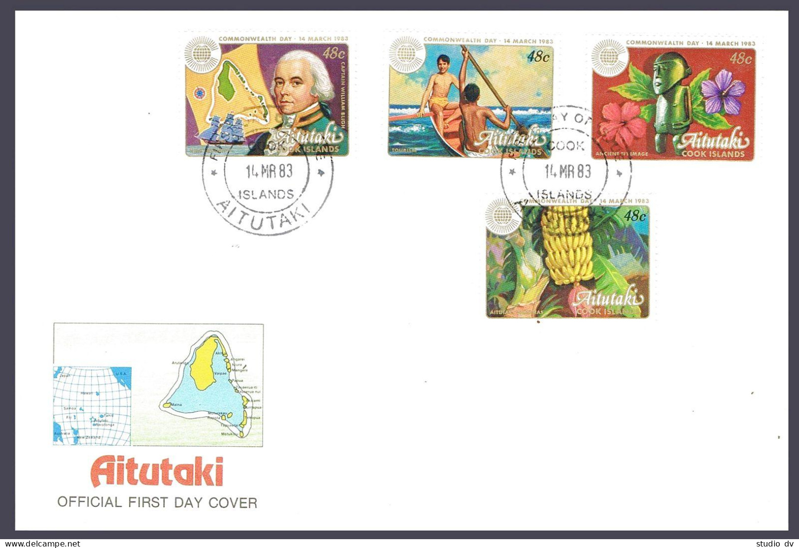 Aitutaki 276-279 FDC. Michel 445-447. Commonwealth Day 1983.Bananas,Canoe,Bligh, - Aitutaki