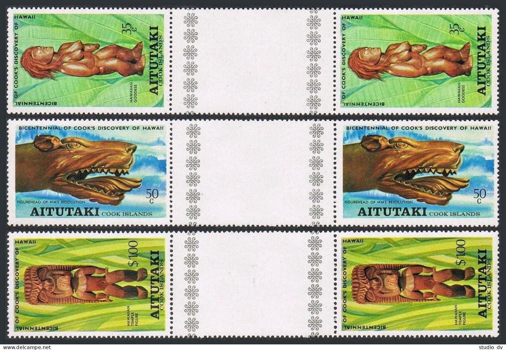 Aitutaki 160-162 Gutter, MNH. James Cook In Hawaii-200. Hawaiian Wood Figurine. - Aitutaki