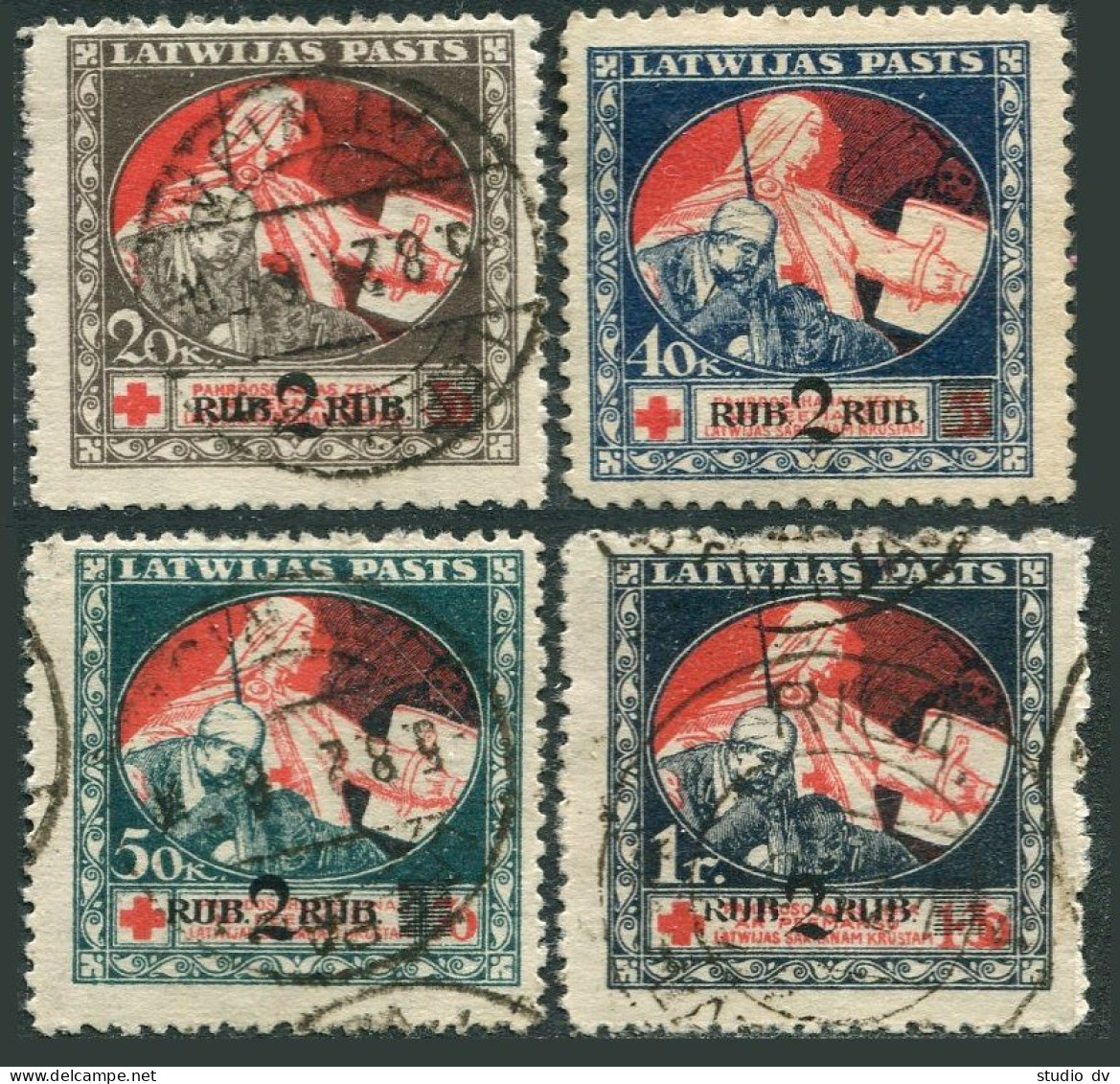 Latvia B13-B16, Used. Mi 65z-68z. MERCY Assisting Wounded Soldier.New Value 1921 - Latvia