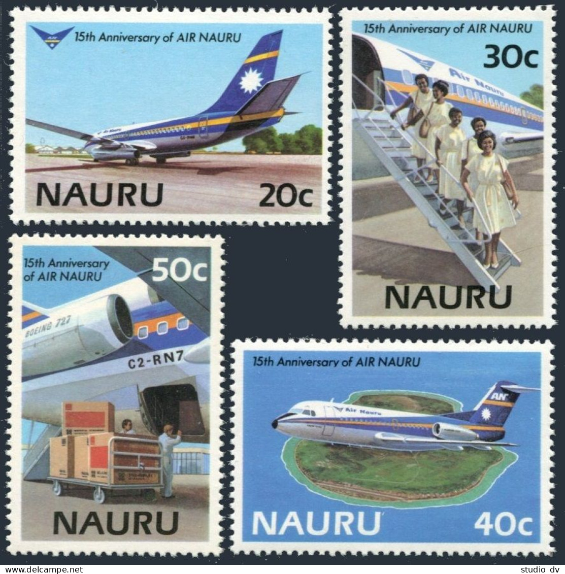 Nauru 303-306, No Gum. Mi 302-305. Air NAURU,15th Ann.1985.Jet,Crew,Fokker F28, - Nauru