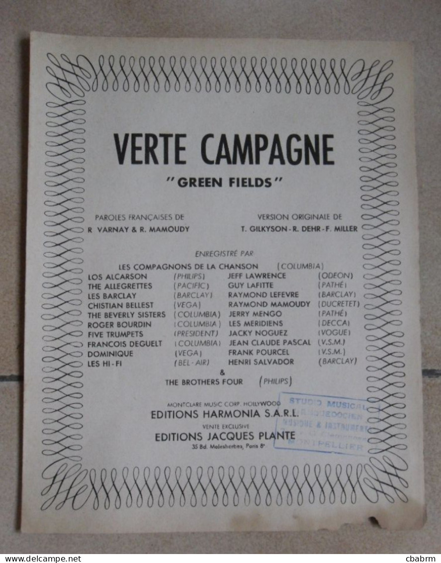 PARTITION VERTE CAMPAGNE GREEN FIELDS Les COMPAGNONS DE LA CHANSON - Partitions Musicales Anciennes