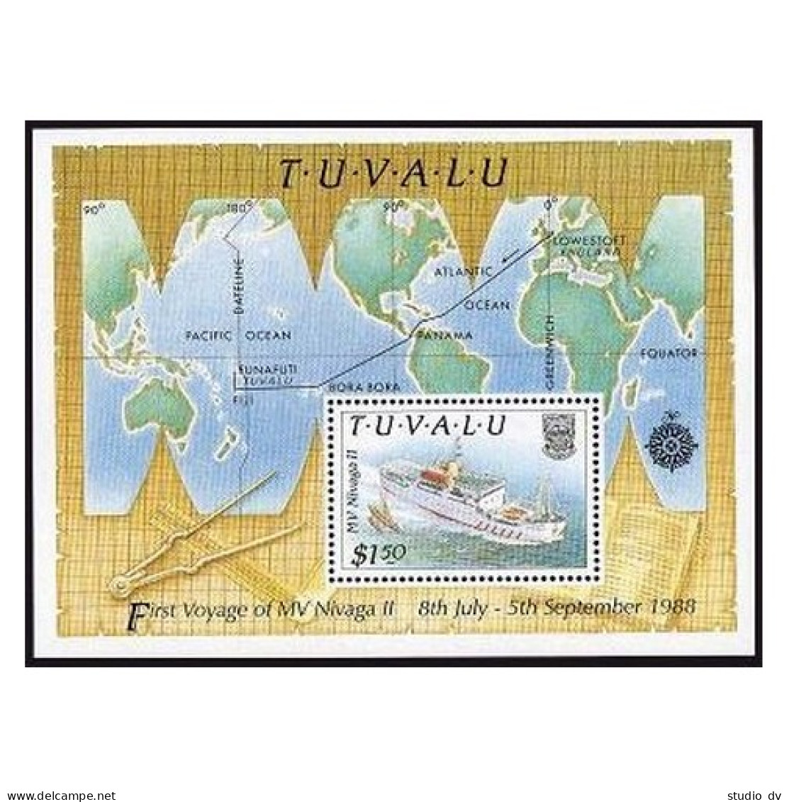 Tuvalu 528 Sheet, MNH. Michel 549 Bl.41. 1st Voyage Of MV Nivaga II, 1988. Map. - Tuvalu (fr. Elliceinseln)