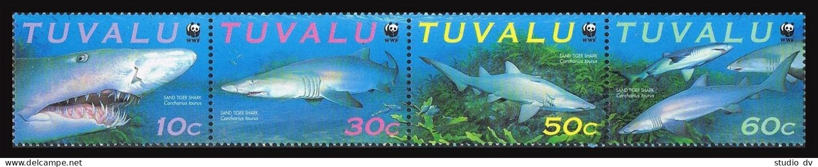 Tuvalu 816 Ad Strip,816a Sheet, MNH. Mi 862-865, Klb. WWF 2000, Sand Tiger Shark - Tuvalu (fr. Elliceinseln)