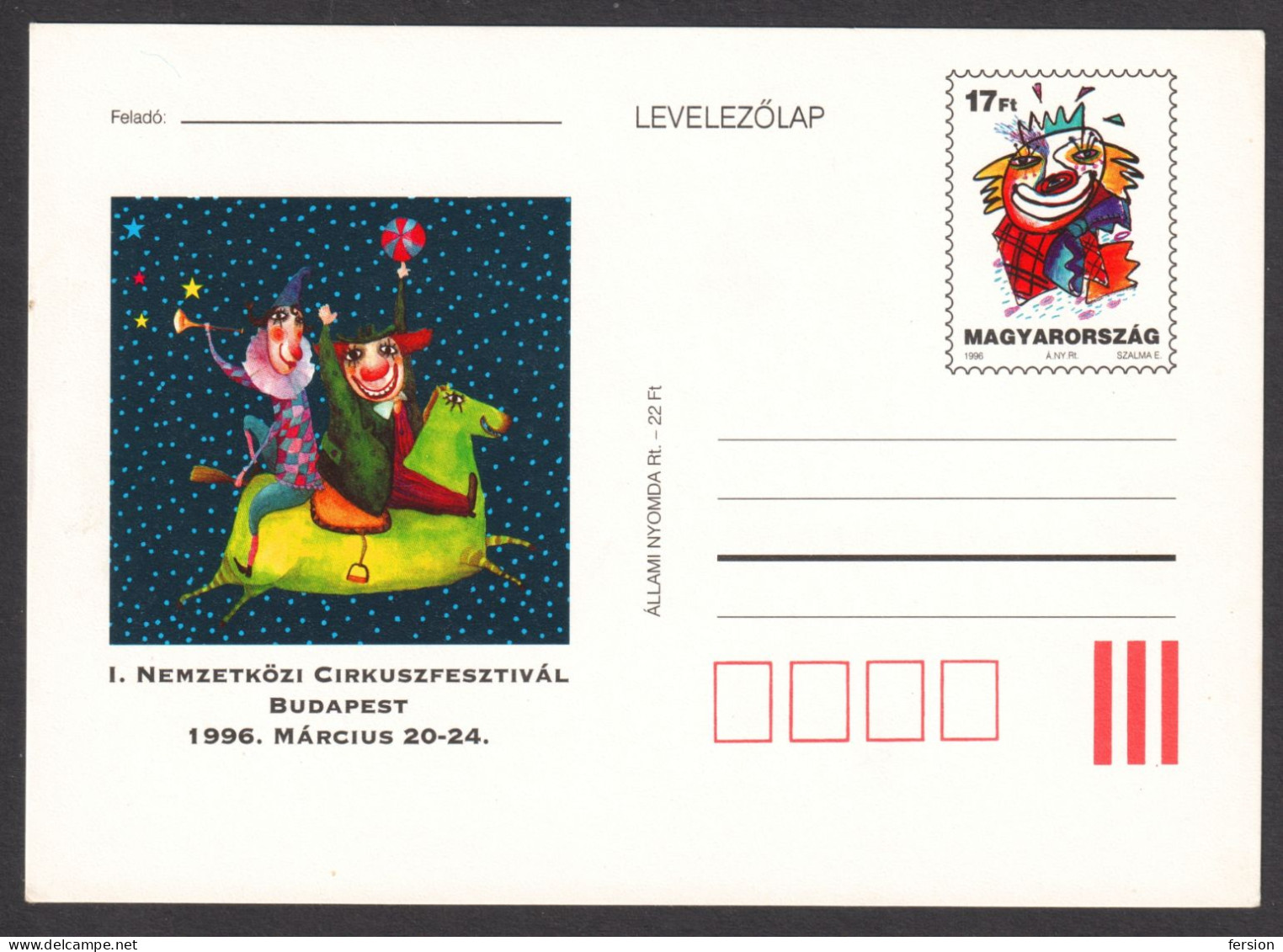 CLOWN / 1996 - HUNGARY - CIRCUS Festival BUDAPEST  - STATIONERY - POSTCARD - FDC - Zirkus