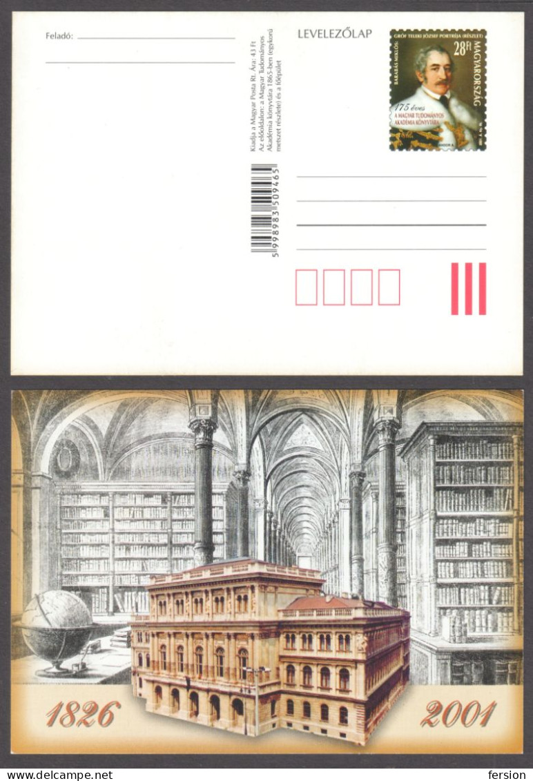 2001 Hungary  - 175th Anniv Library / MTA Hungarian Academy Of Sciences - STATIONERY POSTCARD Teleki József / Globe Book - Postwaardestukken