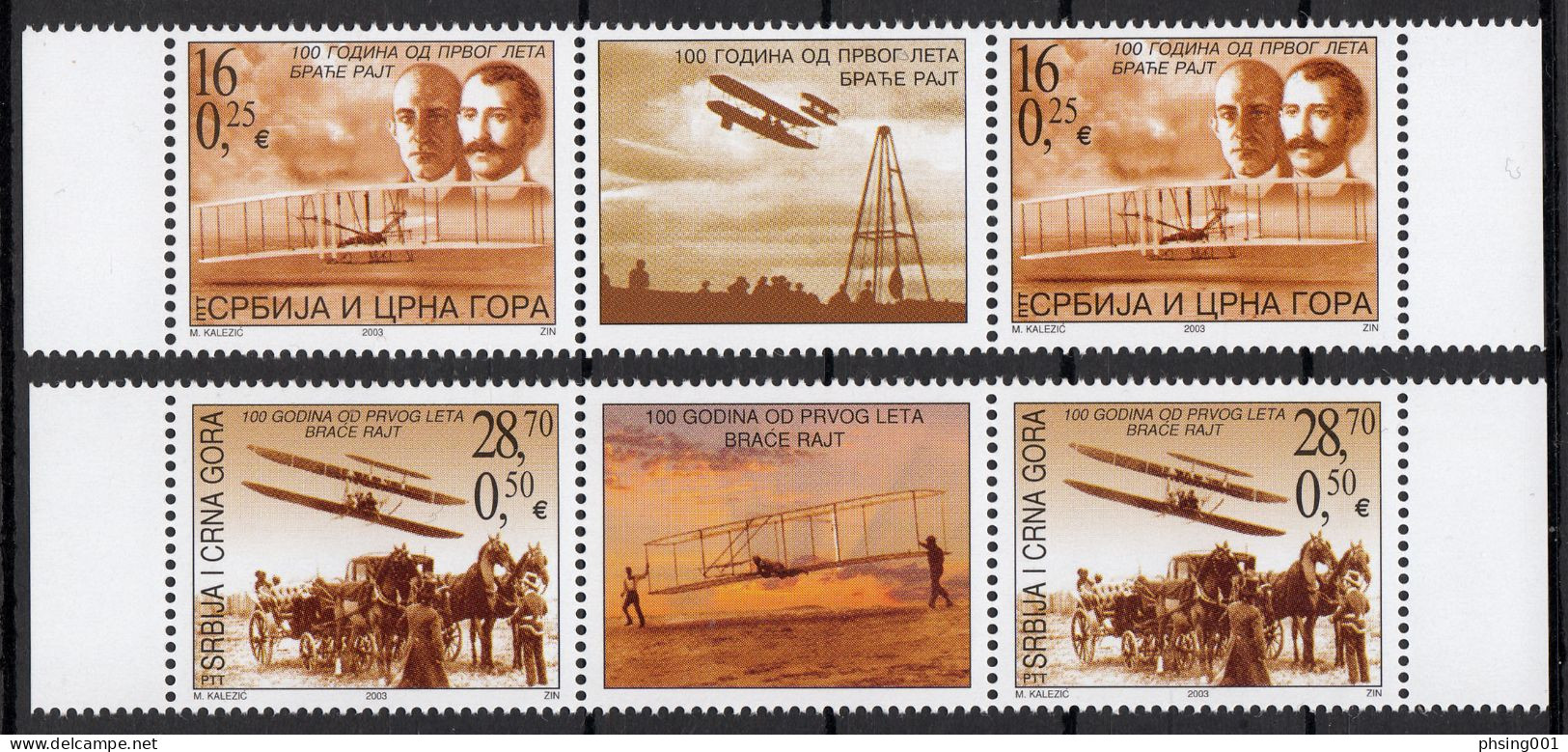 Yugoslavia 2003 Serbia&Montenegro 100 Annive The First Wright Brothers Flight Airplanes Aircrafts Horses, Middle Row MNH - Neufs