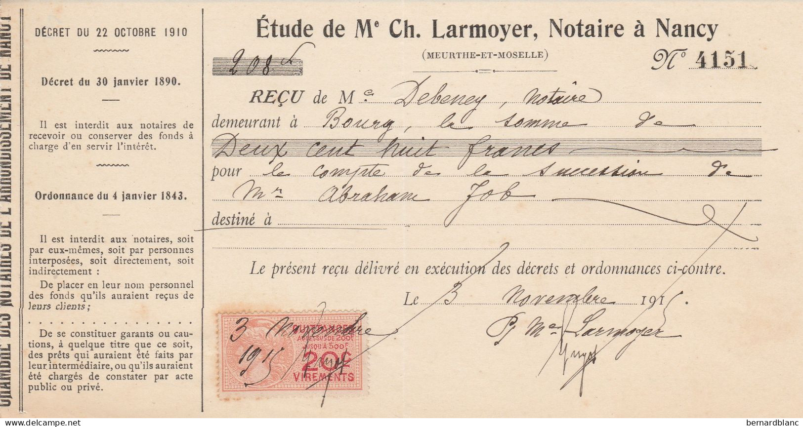 NANCY - MEURTHE ET MOSELLE  - NOTAIRE CH LARMOYER - RECU EN 1915 - Sonstige & Ohne Zuordnung