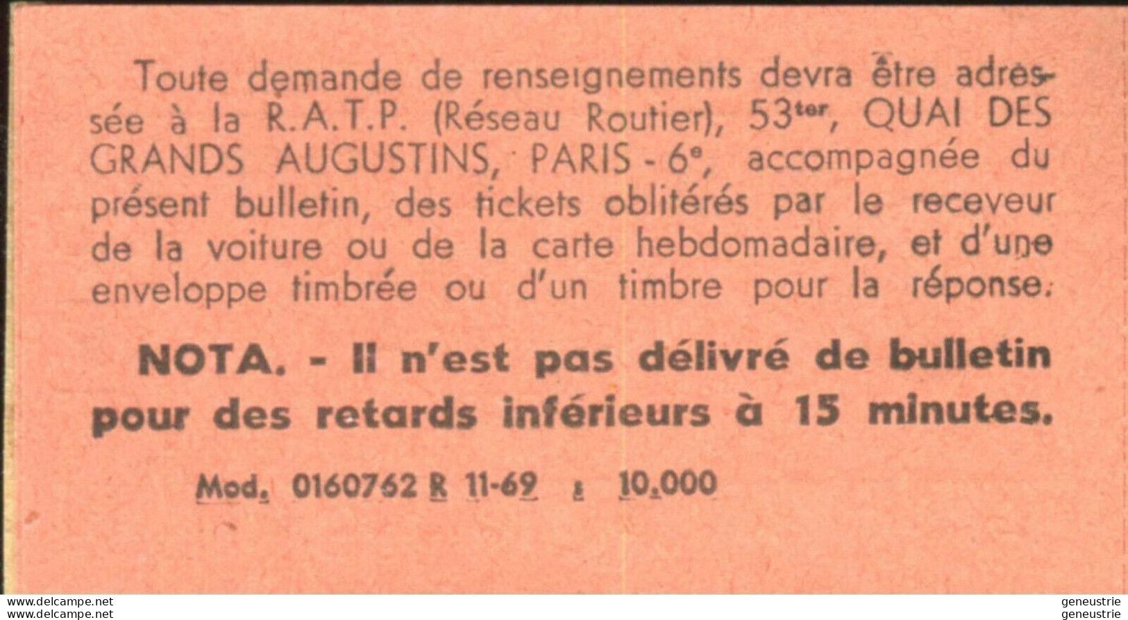 Ticket De Métro Parisien 1969 - Bulletin De Retard RATP Avec Sa Souche (Métropolitain De Paris) - Autres & Non Classés