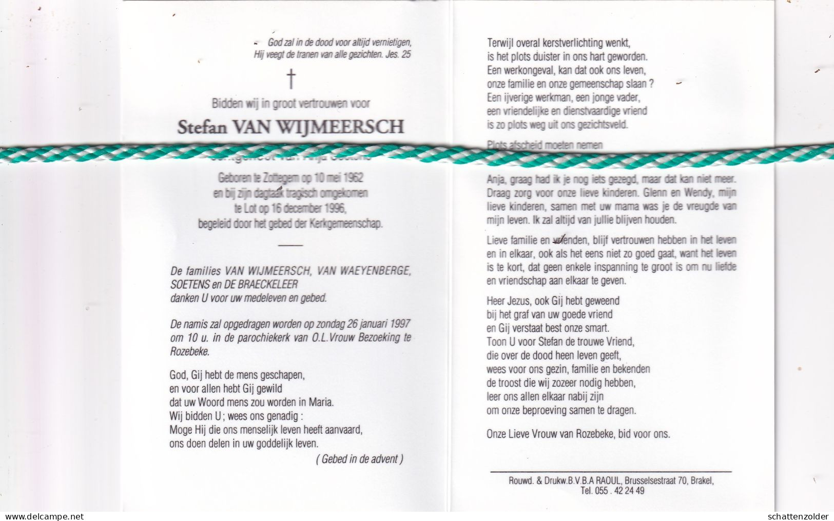 Stefan Van Wijmeersch-Soetens, Zottegem 1962, Lot 1996. Foto - Obituary Notices