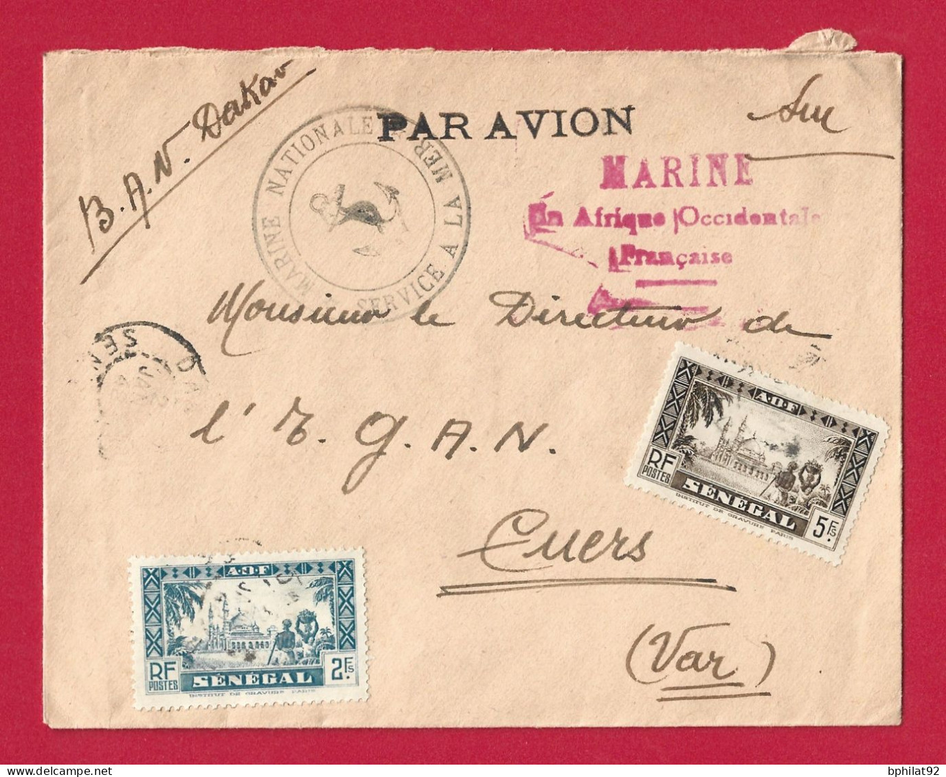 !!! LETTRE EN FRANCHISE PAR AVION DE LA BASE AÉRONAVALE DE DAKAR POUR LA FRANCE DE 1942, CACHET MARINE NATIONALE EN AOF - Cartas & Documentos