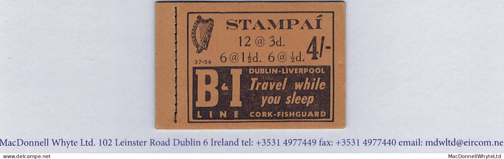 Ireland 1954 4/- Booklet Serial 37-54 Complete Mint, 3d And 1½d Panes Watermarks Inverted. - Carnets