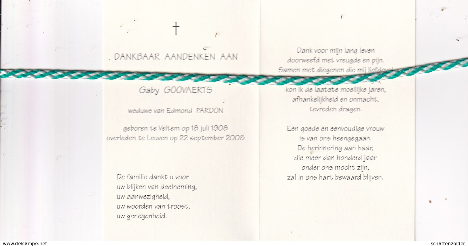 Gaby Goovaerts-Pardon, Veltem 1908, Leuven 2008. Honderdjarige. Foto - Obituary Notices