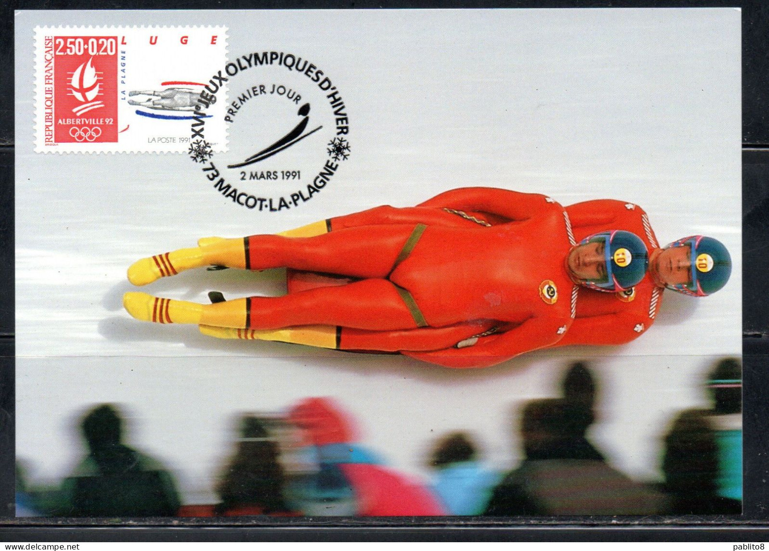 FRANCE FRANCIA 1991 OLYMPIC GAMES JEUX OLYMPIQUES ALBERTVILLE LUGE MACOT LA PLAGNE 2.50fr+20c MAXI MAXIMUM CARD CARTE - 1990-1999