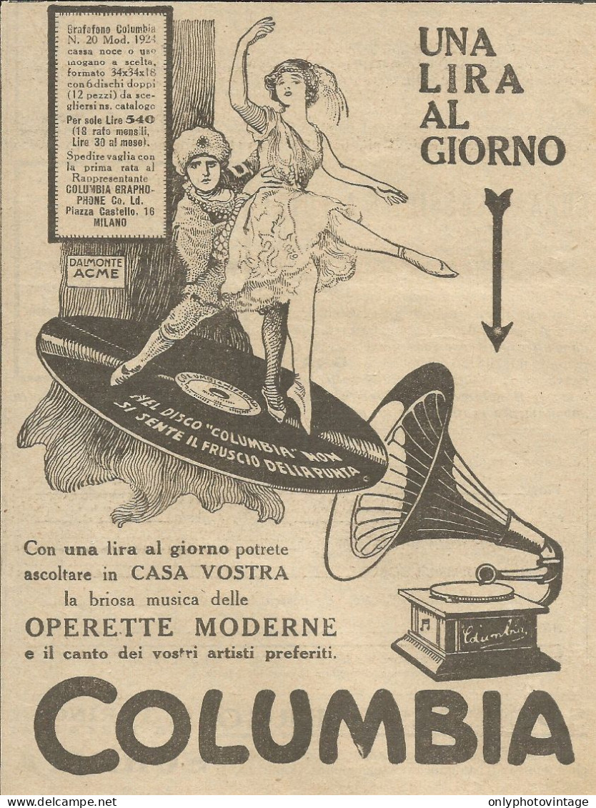 Grafofono COLUMBIA - Una Lira Al Giorno - Pubblicità 1924 - Advertising - Publicidad