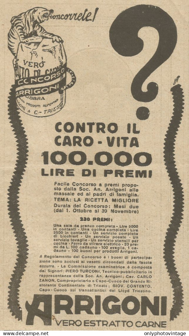 Estratto Di Carne ARRIGONI - Contro Il Caro Vita - Pubblicità 1926 - Adv. - Advertising