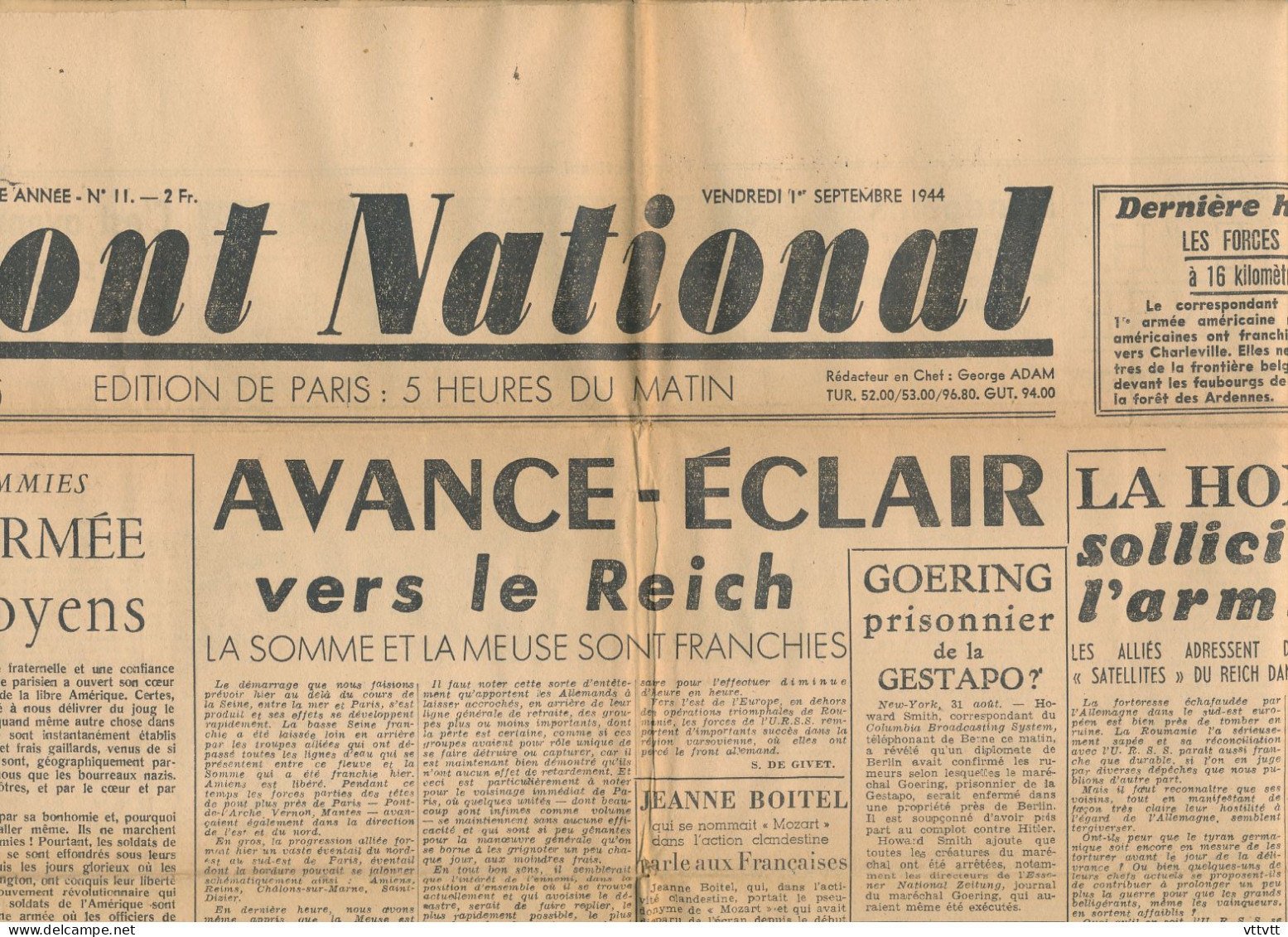 FRONT NATIONAL, Vendredi 1er Septembre 1944, N° 11, La Somme Et La Meuse Franchies, Hongrie, Stand De Tir D'Issy... - Testi Generali