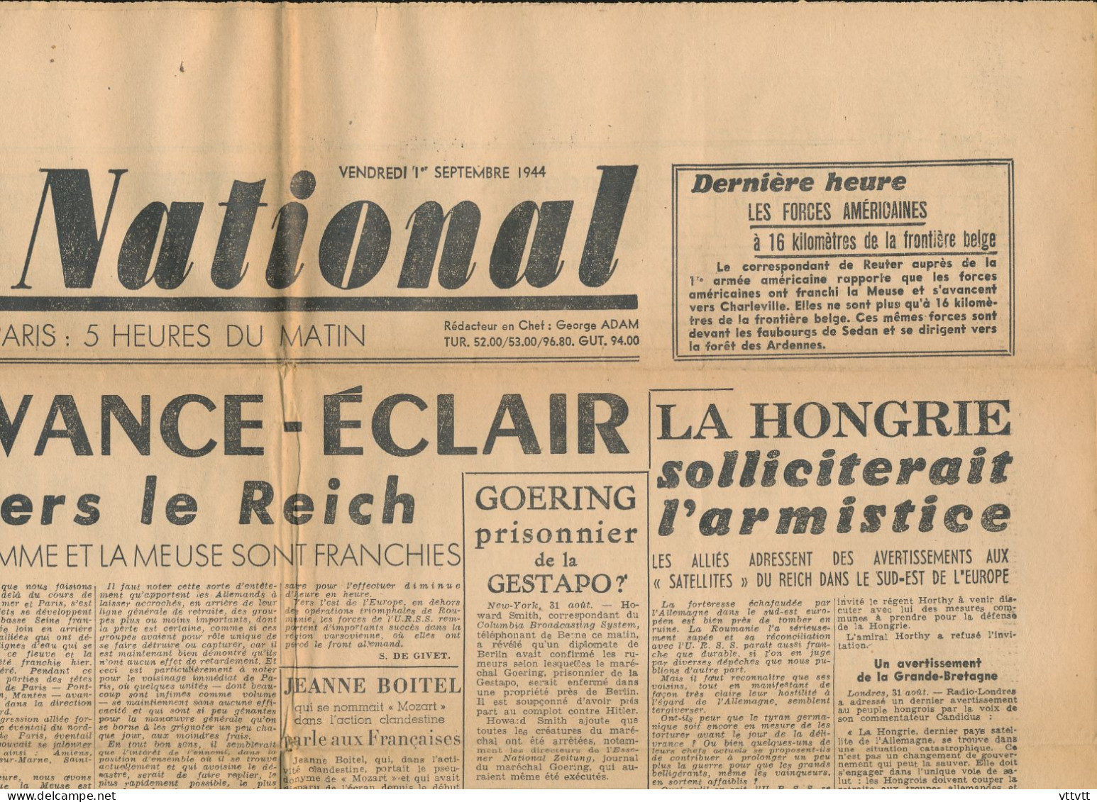 FRONT NATIONAL, Vendredi 1er Septembre 1944, N° 11, La Somme Et La Meuse Franchies, Hongrie, Stand De Tir D'Issy... - General Issues