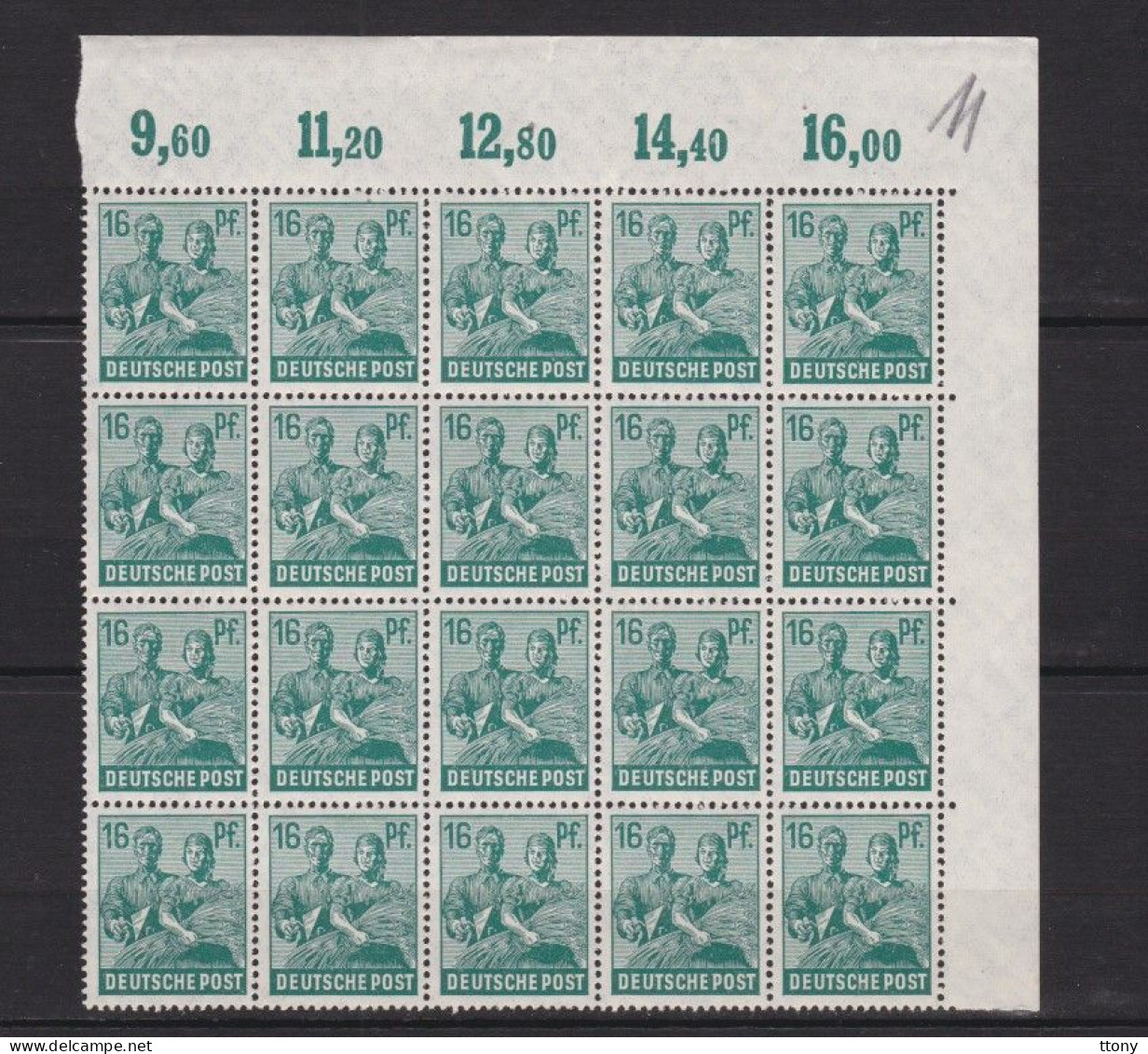 Un Bloc   20 Timbres  16 Pf    N°  949  **   Allemagne   Occupation Alliée   Zone Interalliée AAS   Deutsche Post - Neufs