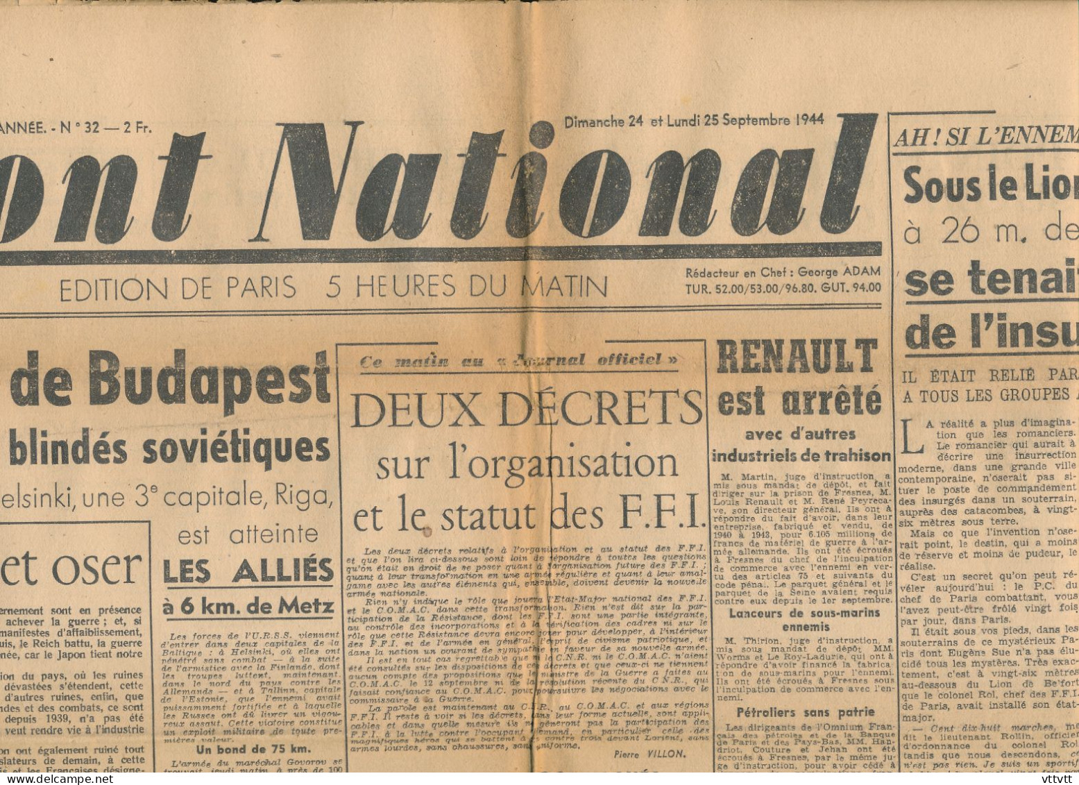 FRONT NATIONAL, Lundi 15 Septembre 1944, N° 32, Budapest, Metz, Belfort, Caen, Abbaye-aux-Hommes, Paris, Champs-Elysées - Informaciones Generales