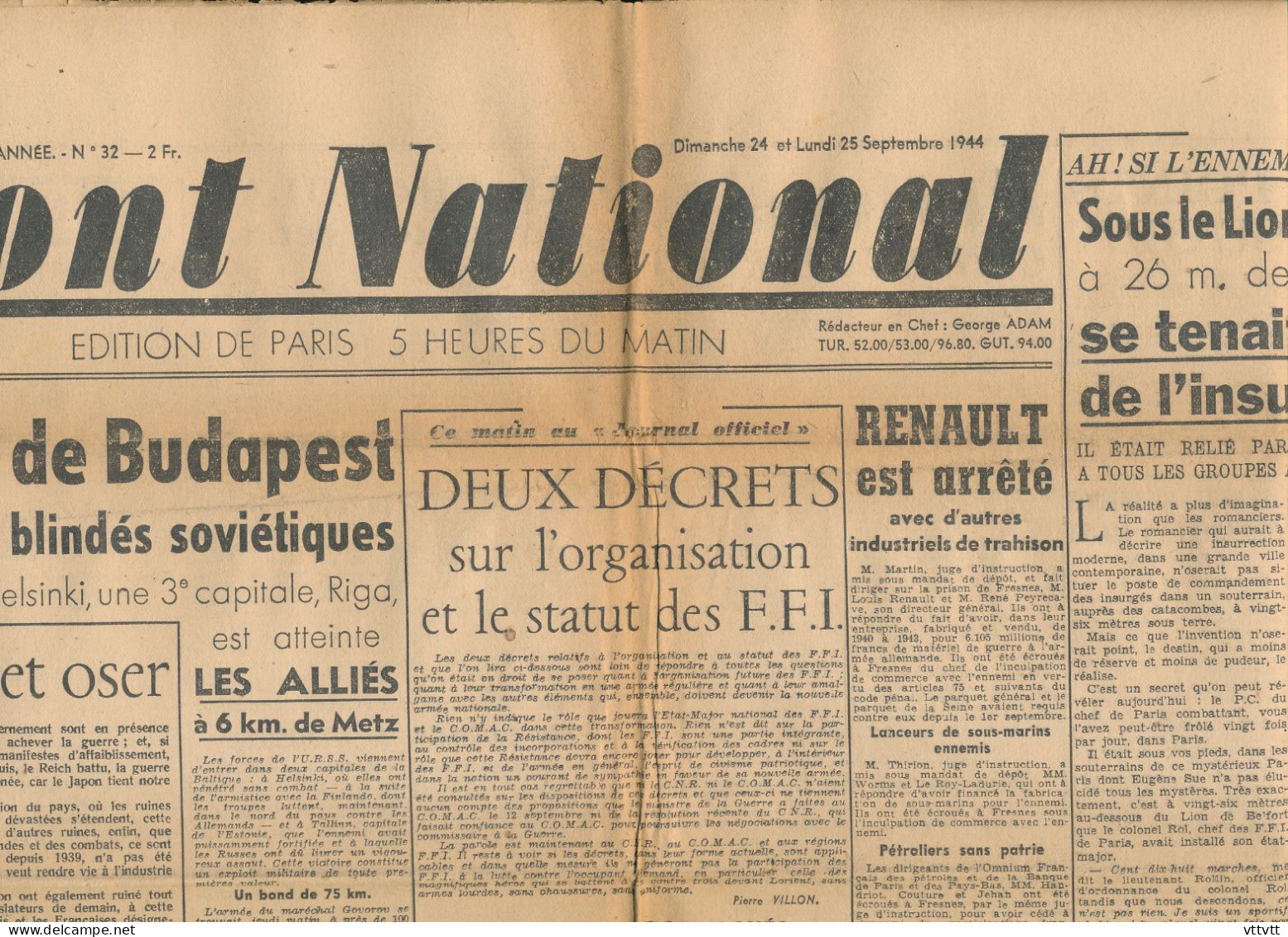 FRONT NATIONAL, Lundi 15 Septembre 1944, N° 32, Budapest, Metz, Belfort, Caen, Abbaye-aux-Hommes, Paris, Champs-Elysées - Algemene Informatie