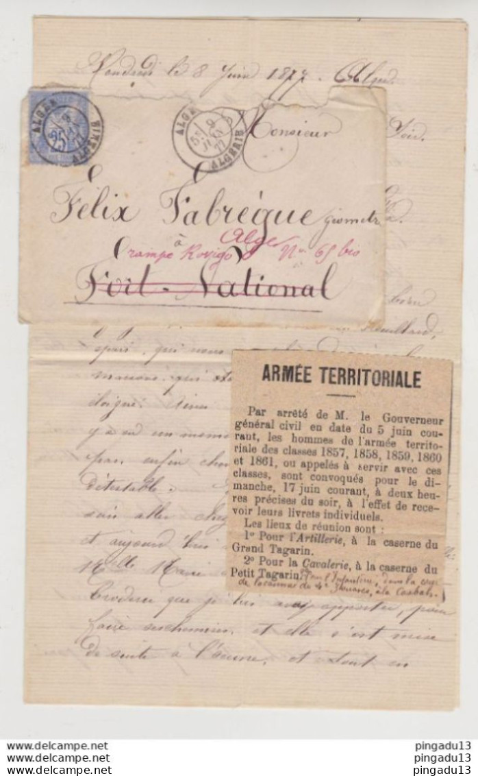 Fixe Algérie Type Sage Alger 9 Juin 1877 Fort National 10 Juin 1877 Puis 16 Juin 1877 Retour Alger 17 Juin 1877 - 1877-1920: Semi Modern Period