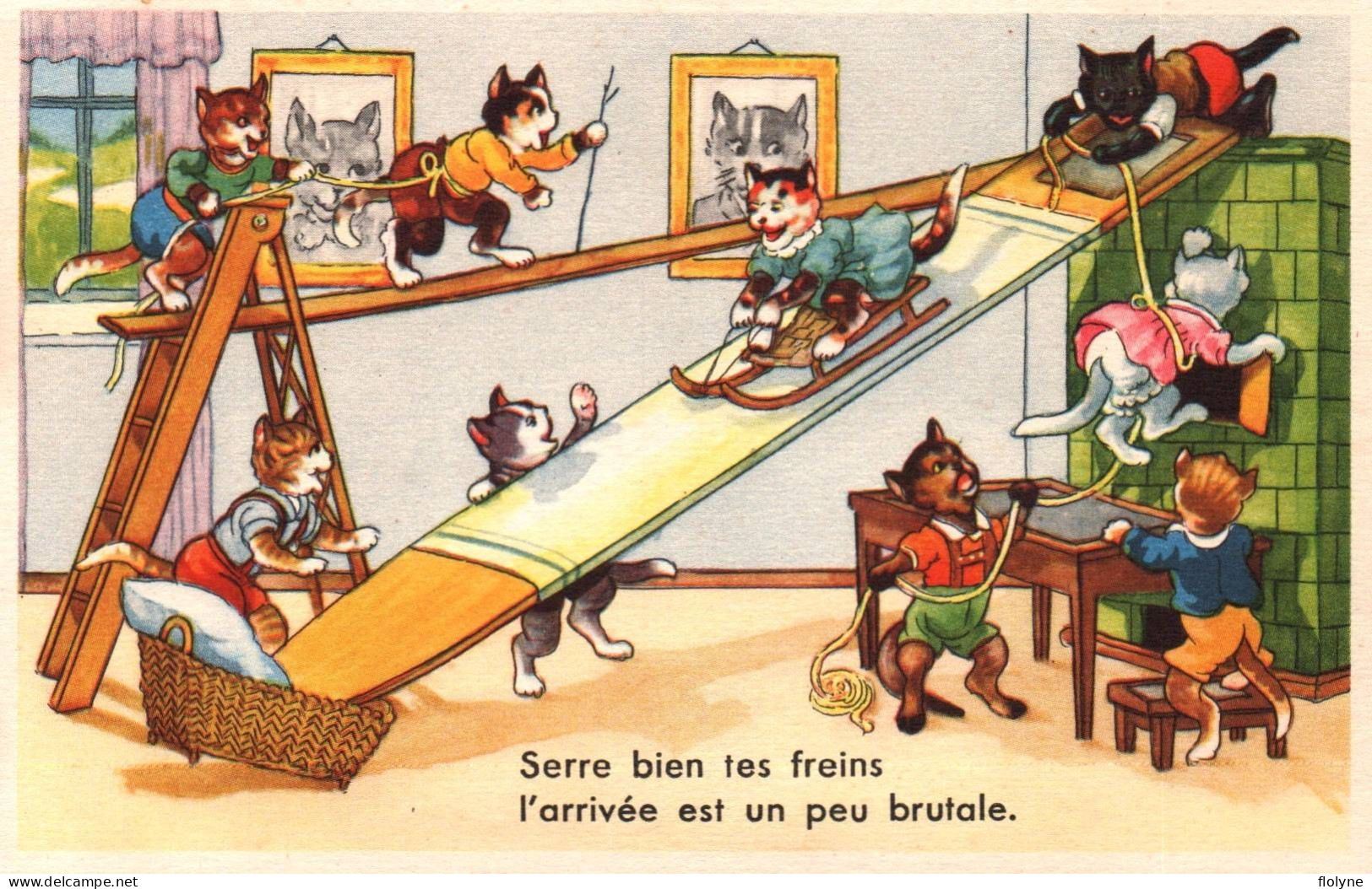 Chat - Cpa Illustrateur - Chats Humanisés Faisant De La Luge Dans Le Salon - Katze Cat - Cats