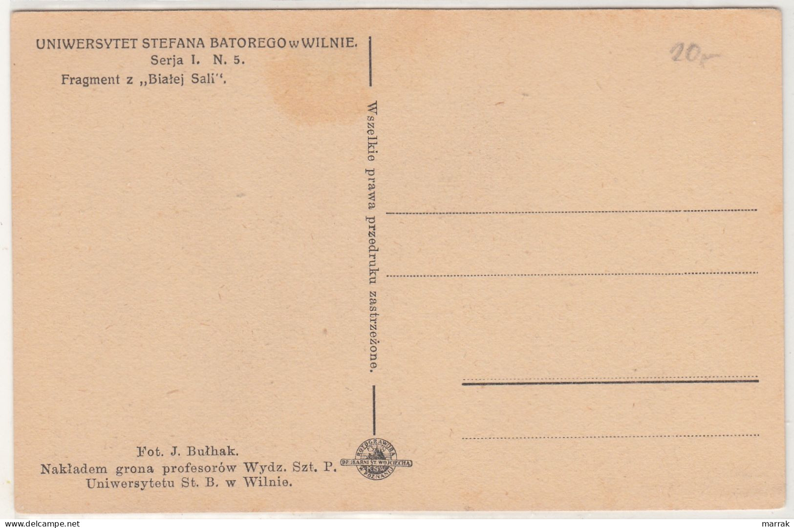 Vilnius, Vilniaus Universitetas, Baltosios Salės Fragmentas, J. Bulhak, Apie 1930 M. Atvirukas - Litouwen