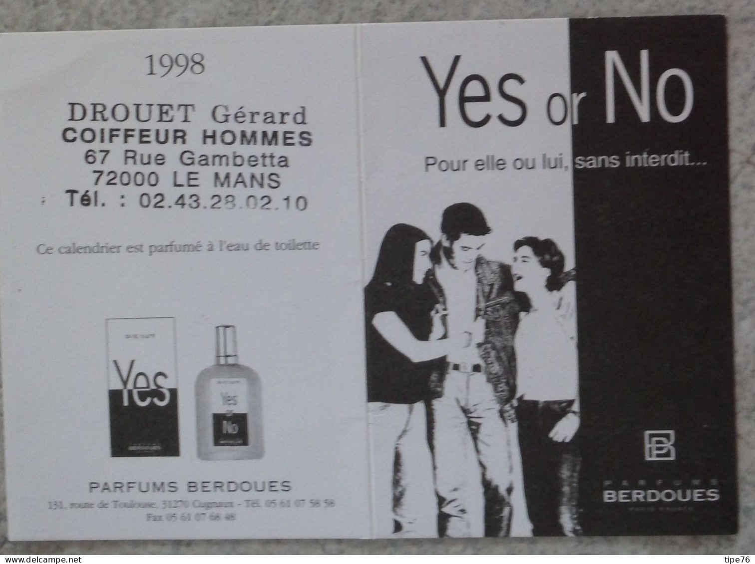 Petit Calendrier De Poche Parfumé1998 Berdoues Yes Or No Coiffeur Coiffure Rue Gambetta Le Mans Sarthe - Tamaño Pequeño : 1991-00