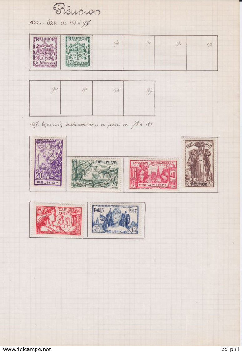 lot 48 timbres Réunion 1892 1899 1909 1922 1928 1933 1935 1937 1938 1939 neuf et oblitéré avec charnière