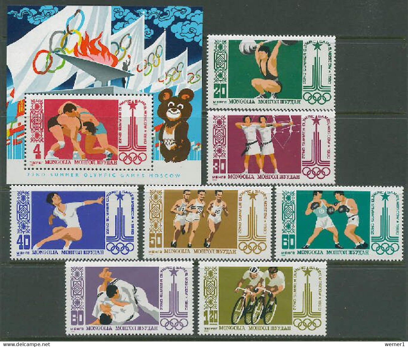 Mongolia 1980 Olympic Games Moscow, Wrestling, Weightlifting, Judo, Cycling, Boxing Etc. Set Of 7 + S/s MNH - Ete 1980: Moscou