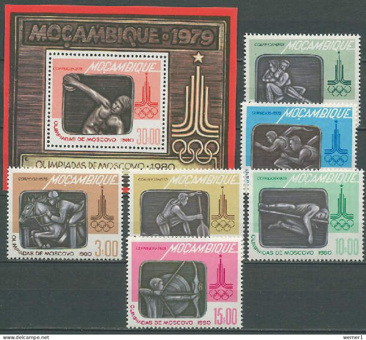 Mocambique 1979 Olympic Games Moscow, Wrestling, Equestrian, Archery Etc. Set Of 6 + S/s MNH - Summer 1980: Moscow