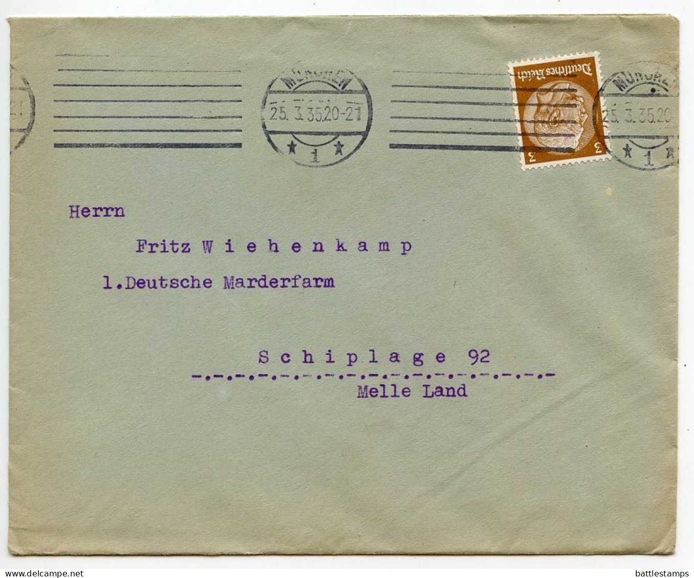 Germany 1935 Cover & Letter; München - Der Deutscher Pelztierzüchter To Schiplage; 3pf. Hindenburg - Lettres & Documents