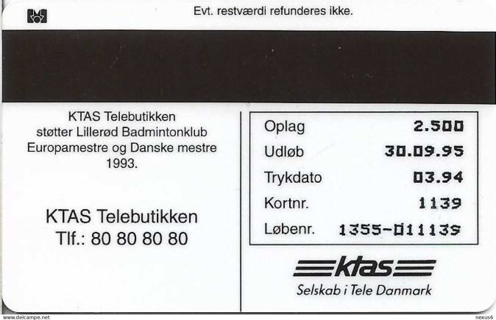 Denmark - KTAS - Lilleroed Badminton Club - TDKP072 - 03.1994, 5kr, 2.500ex, Used - Denmark