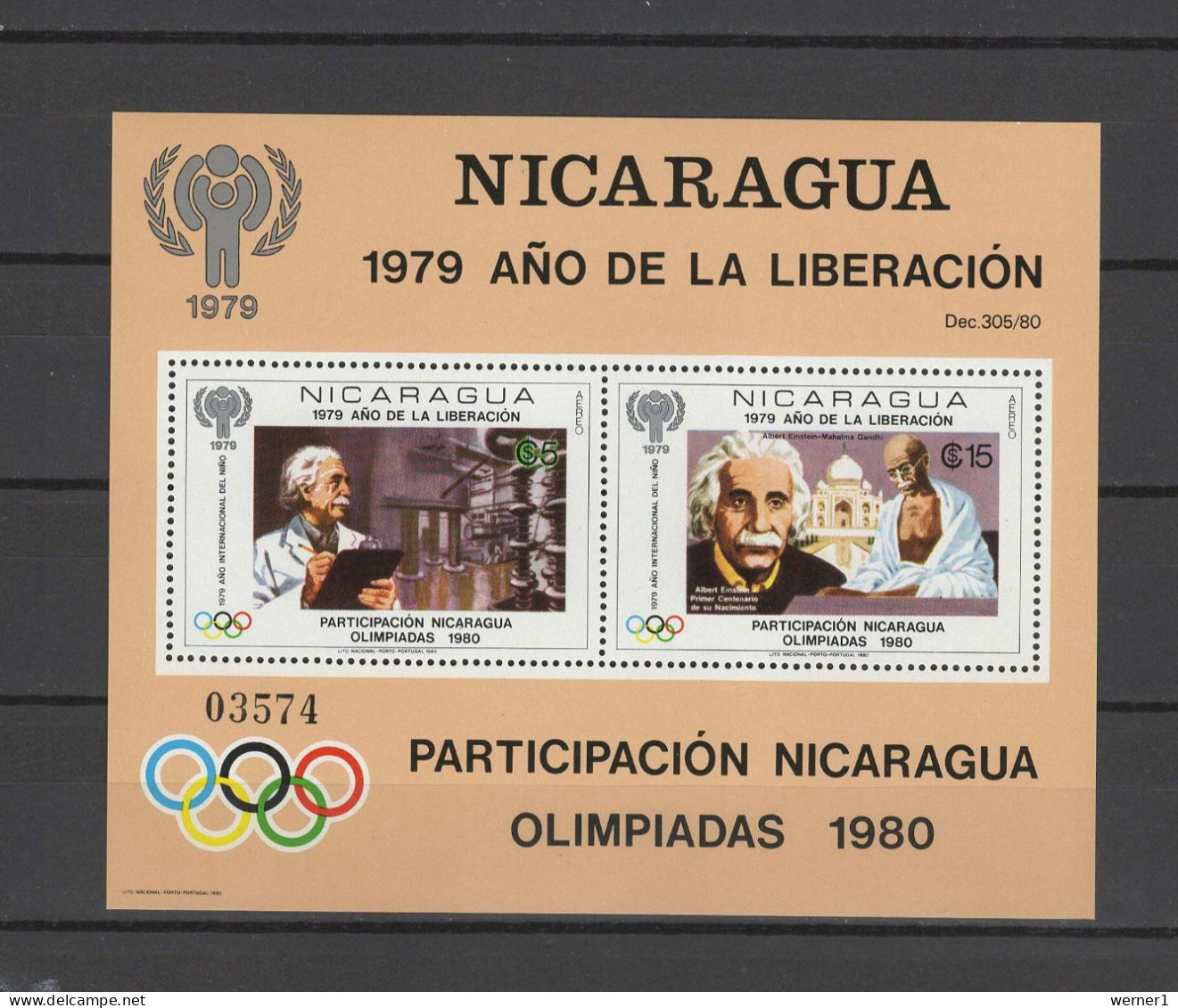 Nicaragua 1980 Olympic Games Moscow, Albert Einstein, Gandhi S/s With Overprint MNH -scarce- - Ete 1980: Moscou