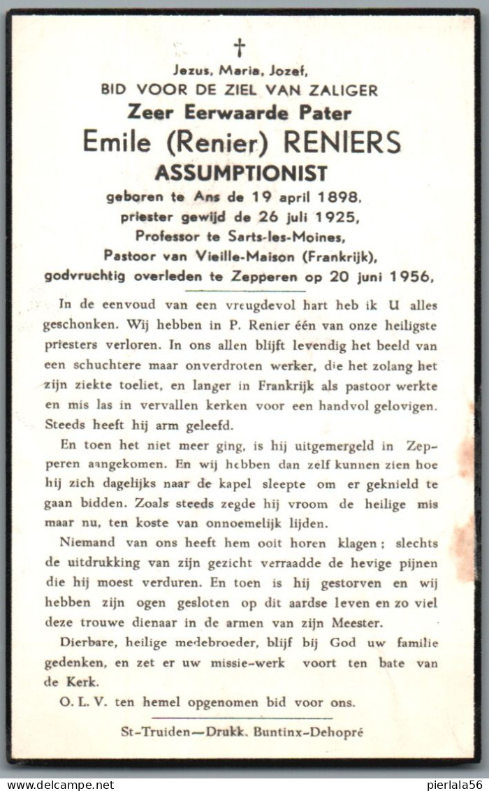 Bidprentje Ans - Reniers Emile Renier (1898-1925) Priester - Devotion Images