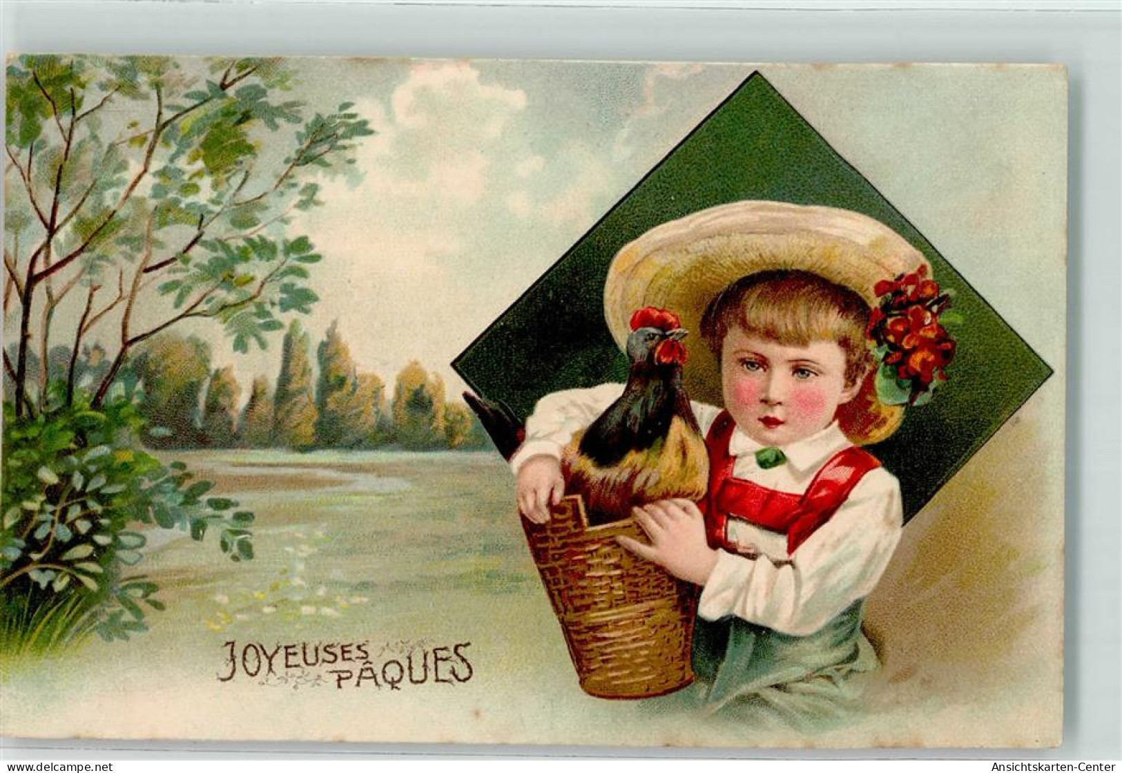 10671908 - Kind Strohhut Huhn Joyeuses Paques  Litho - Easter