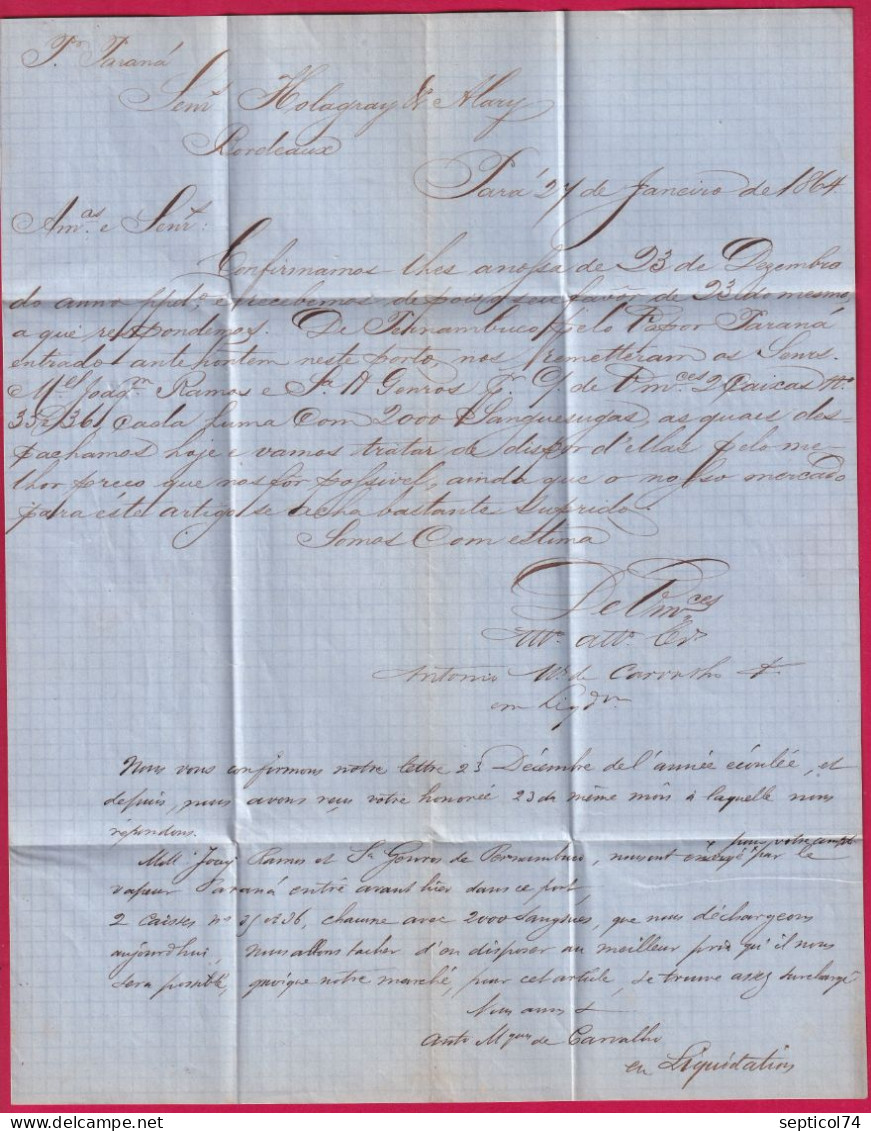 LETTRE DE PARA BRESIL BRAZIL 1864 TAXE 8 MARQUE ECHANGE GB 1F60 POUR BORDEAUXLETTRE - Voorfilatelie