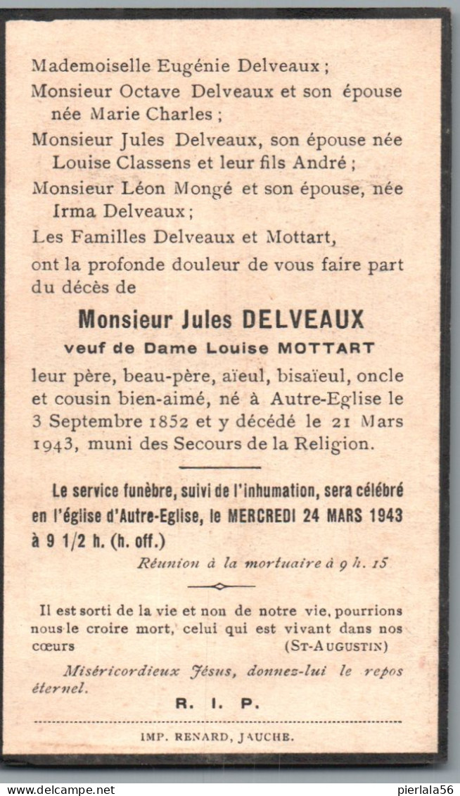 Bidprentje Autre-Eglise - Delveaux Jules (1852-1943) - Devotion Images