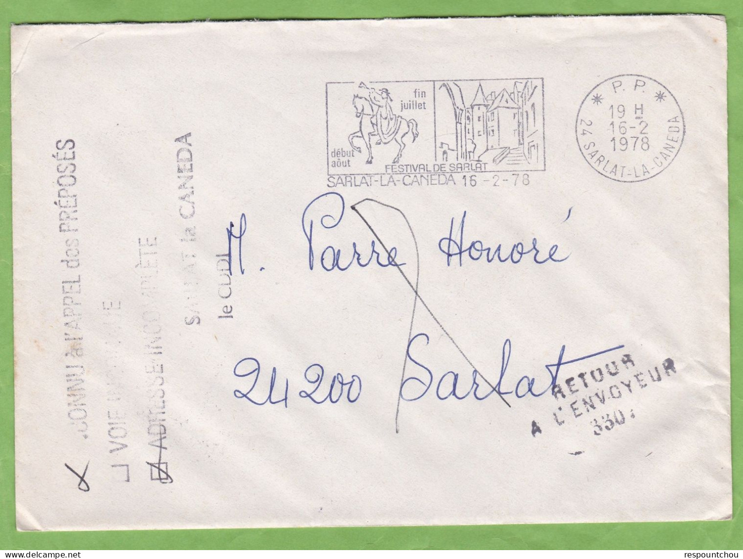 Cachet Linéaire Retour à L'Envoyeur 3307 De SARLAT La CANEDA + Inconnu à L'Appel CDDI 24 Dordogne 1978 - Manual Postmarks