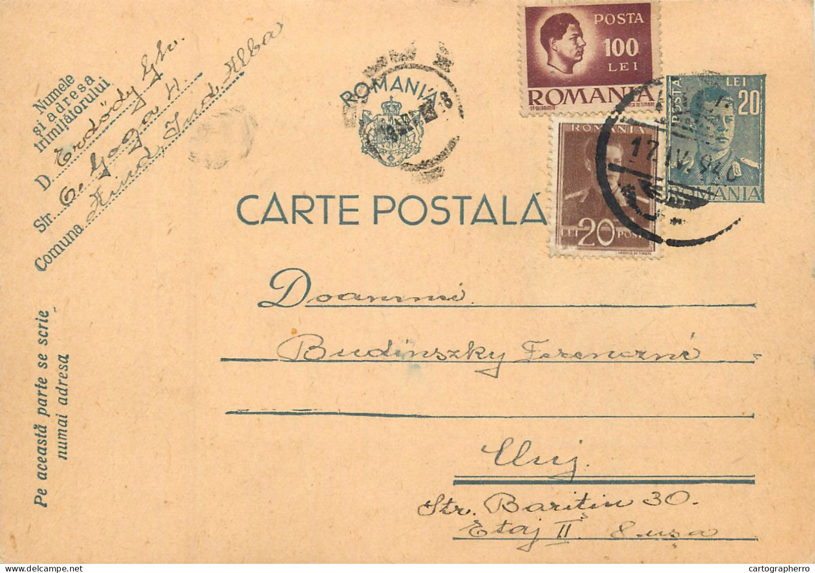 Romania Postal Card  Aiud 1946 Cluj Royalty Franking Stamps - Roumanie
