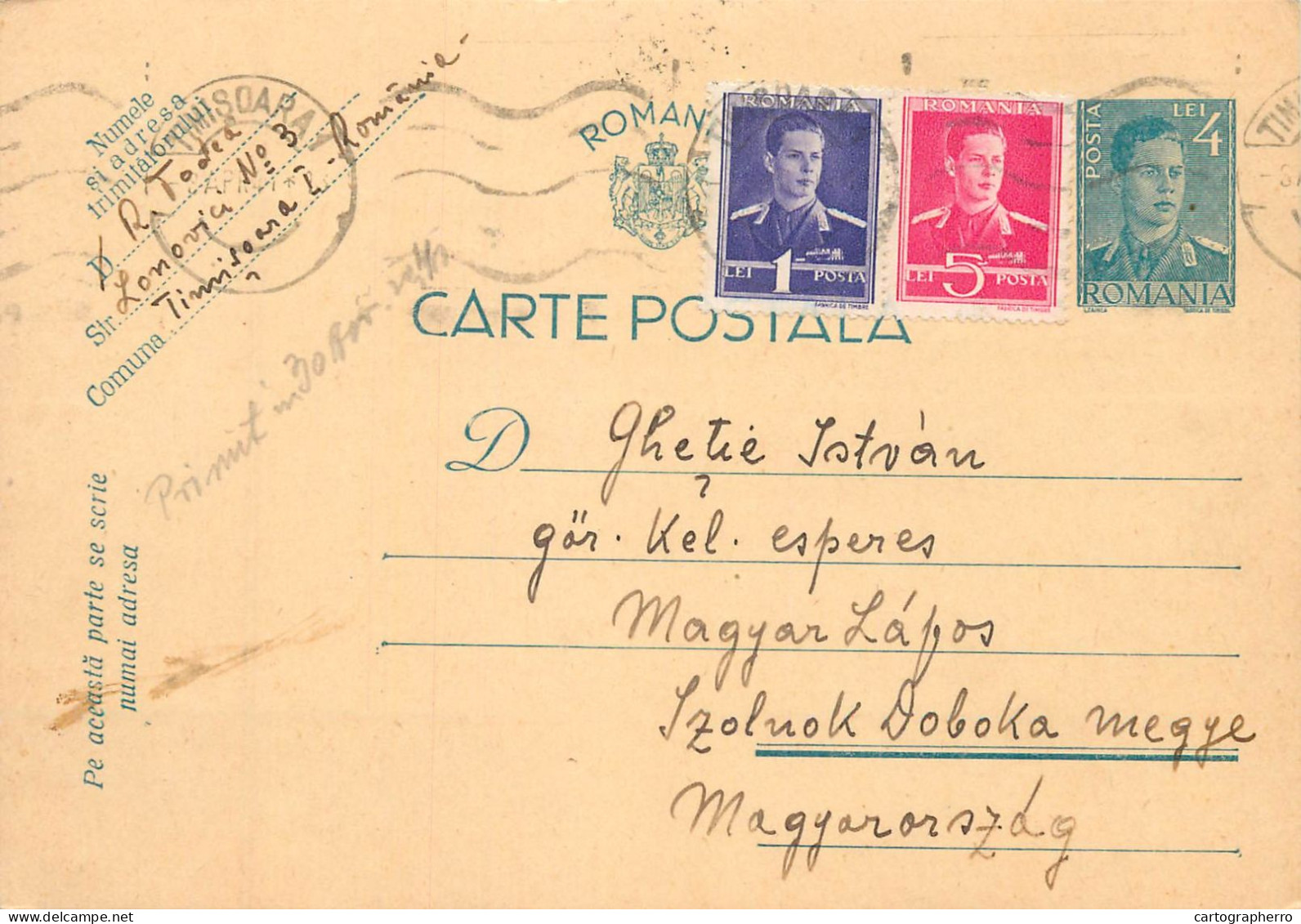 Romania Postal Card 1941 Timisoara Royalty Franking Stamps - Romania