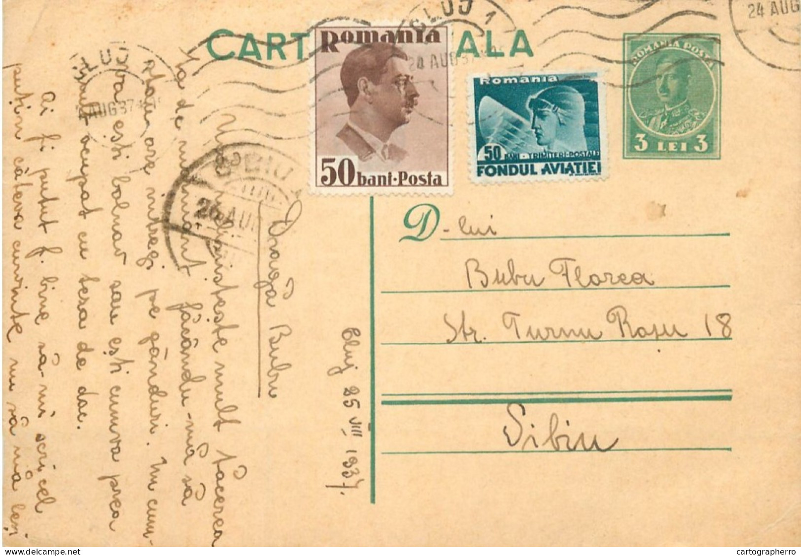 Romania Postal Card 1937 Cluj Royalty Franking Stamps - Romania