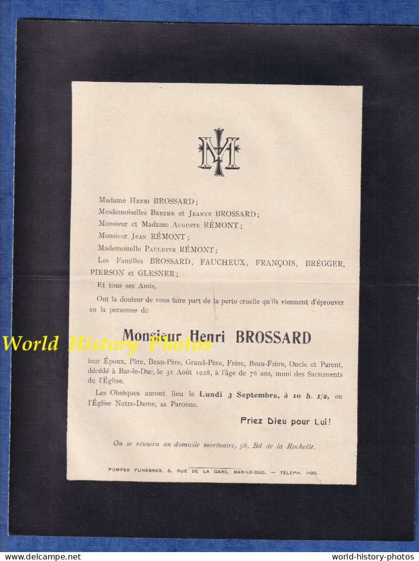 Document Ancien De 1928 - BAR LE DUC - Monsieur Henri BROSSARD , Boulevard De La Rochelle - Obituary Notices