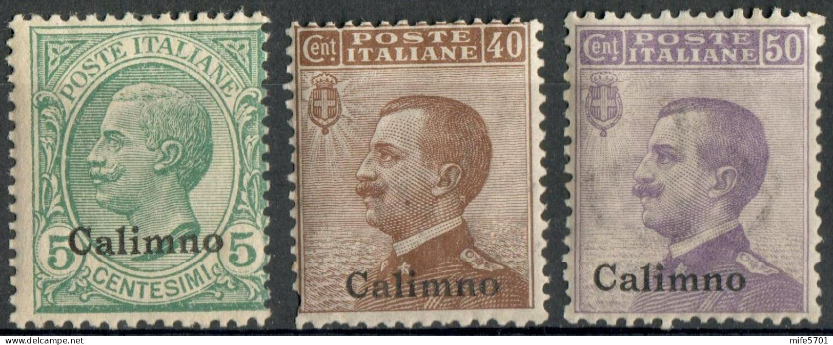 REGNO COLONIE EGEO CALINO 1916 TRE FRANCOBOLLI C. 5 / C. 40 / C. 50 SOPRASTAMPATI 'CALIMNO' NUOVI MNH ** SASSONE 2-6/7 - Egeo (Calino)