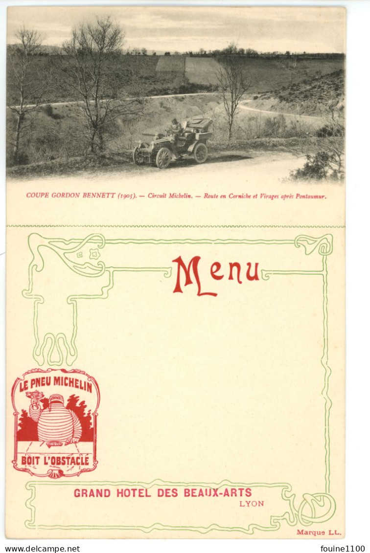 RARE CARTE MENU Coupe Gordon Bennett 1905 CIRCUIT MICHELIN ROUTE EN CORNICHE ET VIRAGES APRES PONTAUMUR - Sonstige & Ohne Zuordnung