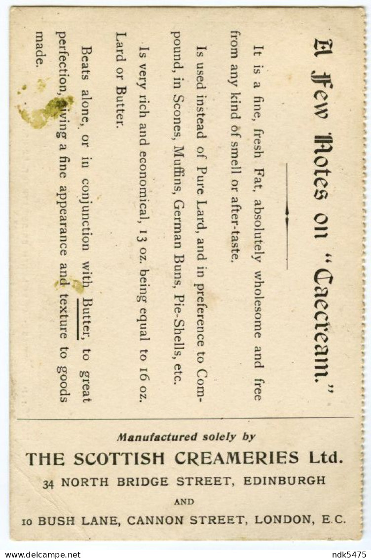 EDINBURGH : THE SCOTTISH CREAMERIES - CAECREAM, NORTH BRIDGE STREET / LONDON, CANNON STREET, BUSH LANE - Midlothian/ Edinburgh