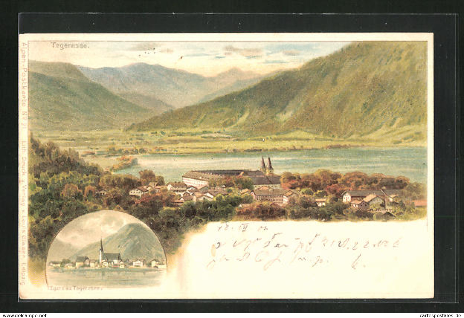 Lithographie Egern /Tegernsee, Totalansicht Mit Gebirgskette  - Tegernsee