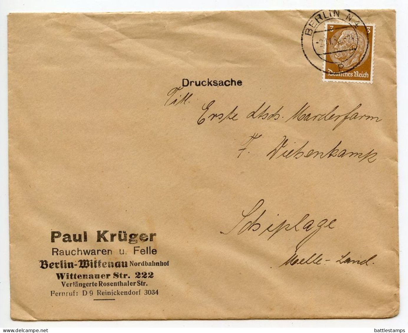 Germany 1936 Cover & Letter; Berlin - Paul Krüger, Rauchwaren U. Felle To Schiplage; 3pf. Hindenburg - Covers & Documents