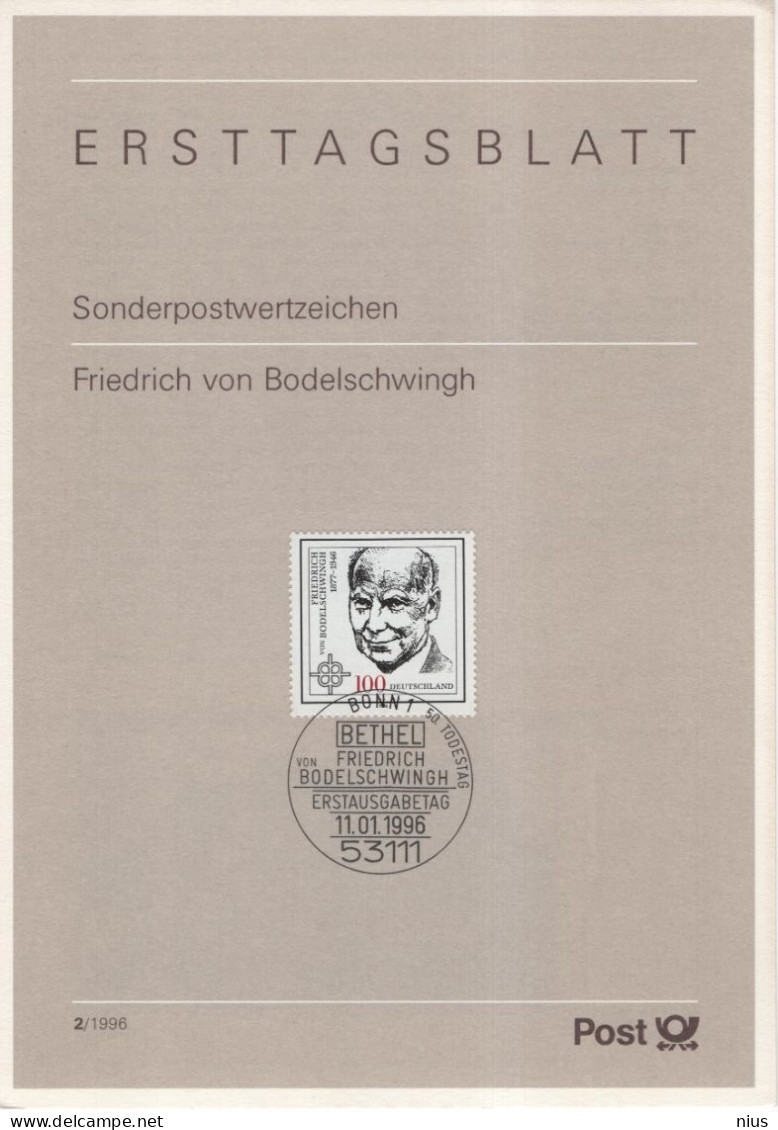 Germany Deutschland 1996-02 Friedrich Von Bodelschwingh, German Pastor, Theologian, Canceled In Bonn - 1991-2000