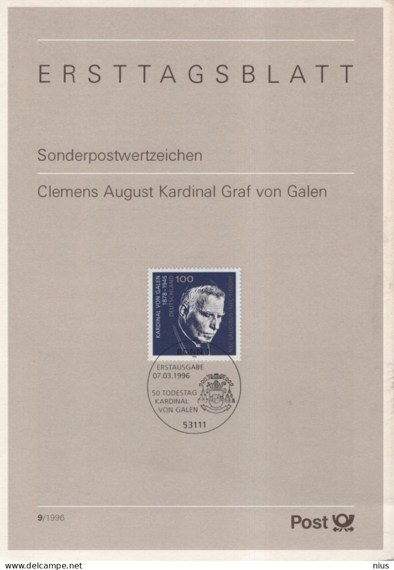 Germany Deutschland 1996-09 Clemens August Kardinal Graf Von Galen, Bischof Von Münster Und Kardinal, Canceled In Bonn - 1991-2000